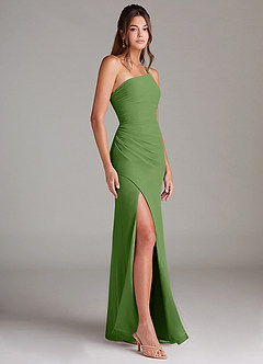 Azazie Eren Vestidos de damas de honor Vestido de Albahaca de Gasa de Corte Recto con Hombro unilateral image4