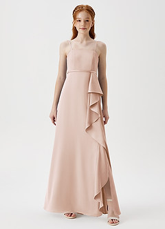 Azazie Kaylee Junior Blushing Pink A-Line with Belt Stretch Satin Dress image3