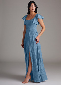 Azazie Bondi Bridesmaid Dresses Steel Blue A-Line Side Slit Floral Burnout Dress image2