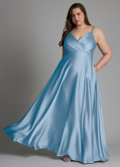 Azazie Amani At-home Try On Dresses Dusty Blue A-Line Pleated Stretch Satin Dress image6
