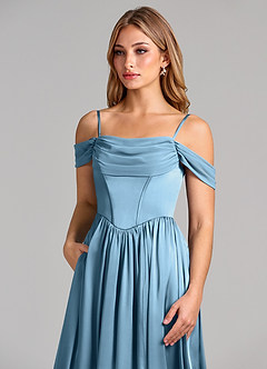 Azazie Raisa Jurken voor bruidsmeisjes Jurk van Stretch Satijn met A-Lijn Off the Shoulder Staal Blauw image7