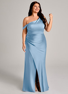 Azazie Madelyn Robes de demoiselle d'honneur Robe Sirène Convertible en Satin extensible Une épaule Poudre Bleue image13