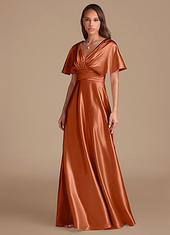 Azazie Pamela At-home Try On Dresses Auburn A-Line Pleated Metallic Satin Dress image6