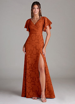 Azazie Ambrosia Jurken voor bruidsmeisjes Jurk van Bloemen Burn-out met A-Lijn Geplooid Paprika image1