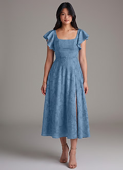 Azazie Bondi Bridesmaid Dresses Steel Blue A-Line Ruched Floral Burnout Dress image4