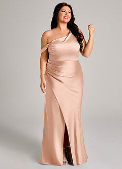 Azazie Madelyn Robes de demoiselle d'honneur Robe Sirène Convertible en Satin extensible Ue épaule Or Rose image13