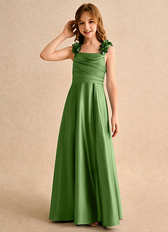 Azazie Rosita Girls Formal Robe Demoiselle D'honneur Fillette Robe Trapèze en Mat Satiné Plissée Basilic image6