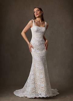 Azazie Amara Hochzeitskleider Meerjungfrau-Linie Rechteckiger Ausschnitt Spitze Kleid Diamantweiß Champagner image1