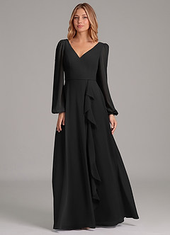 Azazie Simone At-home Try On Dresses Black A-Line Long Sleeve Chiffon Dress image5