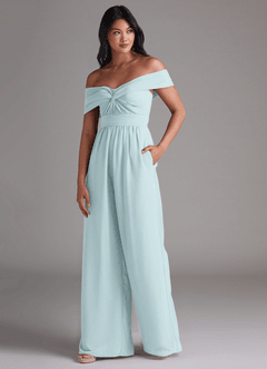 Azazie Lamara Bridesmaid Dresses Mist Off the Shoulder Chiffon Convertible Jumpsuit image4