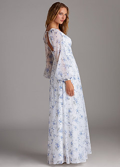 Azazie Norah Bridesmaid Dresses Blue Cottage Floral A-Line V-Neck Long Sleeve Chiffon Dress image3