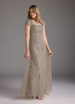 Azazie Marbella Mother of the Bride Dresses Taupe Mermaid Queen Anne Sequins Lace Dress image2