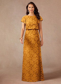 Azazie Lehi Mother of the Bride Dresses Butterscotch A-Line Boatneck Floral Burnout Dress image4