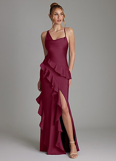 Azazie Jayda Bridesmaid Dresses Mulberry A-Line Ruched Stretch Satin Dress image1