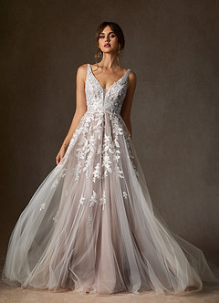 Azazie Sorella Trouwjurken Jurk van Tule met A-Lijn V-hals Pailletten Diamant Wit Mokka image1