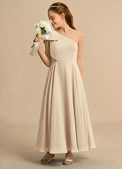 Azazie Guppy Junior Formal vestidos de niña de las flores Vestido de Champán de Gasa de Corte En A con Hombro unilateral image5