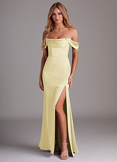Azazie Saige Bridesmaid Dresses Lemon Sorbet Sheath Off the Shoulder Stretch Satin Dress image1