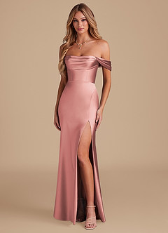 Azazie Saige Bridesmaid Dresses Dusty Rose A-Line Off the Shoulder Metallic Satin Convertible Dress image1
