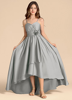 Azazie Catalina Junior Vestido de Plata de Satén Elástico de Corte en A con Escote de Corazón image4