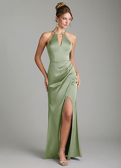 Azazie Aidyn Robes de demoiselle d'honneur Robe Fourreau en Satin extensible Plissée Vert Sauge image1