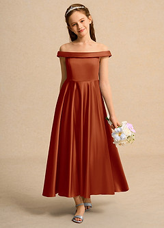 Azazie Teeny Junior Formal vestidos de niña de las flores Vestido de Pimenton de Satin Mate de Corte En A con Plisado image3