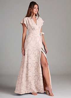 Azazie Ling Bridesmaid Dresses Blushing Pink A-Line Pleated Floral Burnout Dress image4