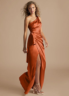 Azazie Maive Bridesmaid Dresses Burnt Orange Sheath Ruched Metallic Satin Dress image5