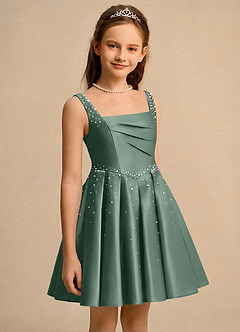 Azazie Jello Flower Girl Dresses Eucalyptus Ball-Gown Pleated Matte Satin Dress image3