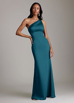 Azazie Voni Bridesmaid Dresses Ink Blue Mermaid One Shoulder Stretch Satin Dress image5