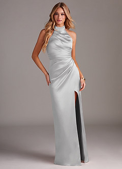 Azazie Jemma Bridesmaid Dresses Silver Sheath Pleated Stretch Satin Dress image3