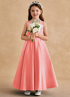 Azazie Honey Bear Flower Girl Dresses Coral A-Line Pleated Matte Satin Dress image3