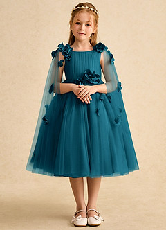Azazie Staria Flower Girl Dresses Ink Blue Ball-Gown Ruched Tulle Dress image1