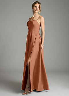 Azazie Elle Vestidos de damas de honor Vestido de Bronceador de Satén Elástico de Corte en A con Plisado image3