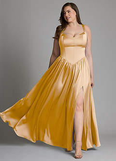 Azazie Francis Vestidos de damas de honor Vestido Oro de Satén Elástico de Línea A con Corsé image11