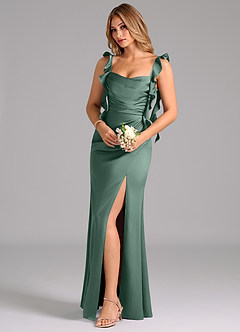 Azazie Jessamine Bridesmaid Dresses Eucalyptus A-Line Corset Stretch Satin Dress image1
