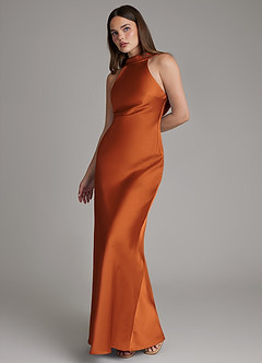 Azazie Dimitra Bridesmaid Dresses Cinnamon Sheath Pleated Stretch Satin Dress image6