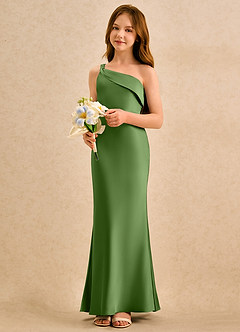 Azazie Almond Girls Formal Sukienki dla dziewczynek sypiących kwiaty Osłona Jedno ramię Satyna elastyczna Długość podłogi Sukienka image3
