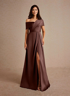 Azazie Milton Vestidos para mãe da noiva Vestido Café Expresso de Cetim elástico de Linha A com Plissado image7