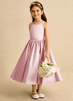 Azazie Indi Flower Girl Dresses Powder Pink A-Line Bow Matte Satin Dress image4