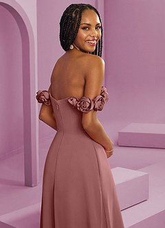 Barbie ♥ Azazie Suknie dla druhen Rozkloszowana szyfonowa sukienka z odkrytymi ramionami i kwiatowymi rozetkami image2