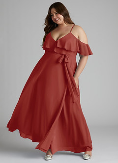 Azazie Vianna Bridesmaid Dresses Terracotta A-Line V-neck Ruched Chiffon Dress image8