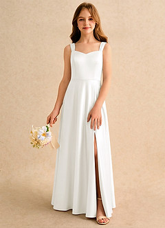 Azazie Makani Girls Formal Jurken voor bloemenmeisjes A-Lijn Jurk van Mat Satijn Sweetheart Halslijn Ivoor image4