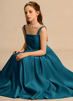 Azazie Mochi Girls Formal Robe Demoiselle D'honneur Fillette Robe Princesse en Mat Satiné Plissée Bleu Encre image3