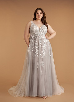 Azazie Sorella Trouwjurken Jurk van Tule met A-Lijn V-hals Pailletten Diamant Wit Mokka image12