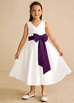 Azazie Darling Flower Girl Dresses Ivory Grape A-Line Bow Cotton Dress image2