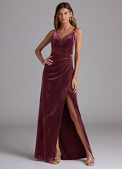 Azazie Leo Bridesmaid Dresses Raspberry Sheath Pleated Velvet Dress image3