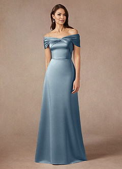 Azazie Amelia Mother of the Bride Dresses Dusty Blue A-Line Off the Shoulder Stretch Satin Dress image1