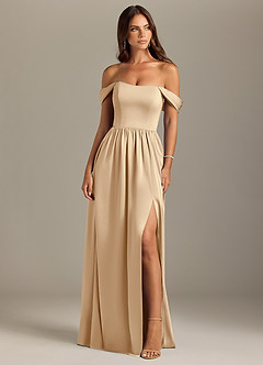Azazie Calianna Bridesmaid Dresses Champagne A-Line Off the Shoulder Stretch Satin Convertible Dress image1