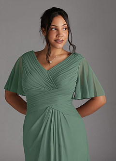 Azazie Emmeline Mother of the Bride Dresses Eucalyptus A-Line V-Neck Pleated Mesh Dress image10