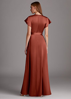 Azazie Nico Bridesmaid Dresses Terracotta A-Line V-Neck Stretch Satin Dress image3